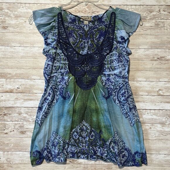 One World Blouse Top Womens S Blue Green White Crochet Boho Fairy Whimsical - Picture 1 of 13